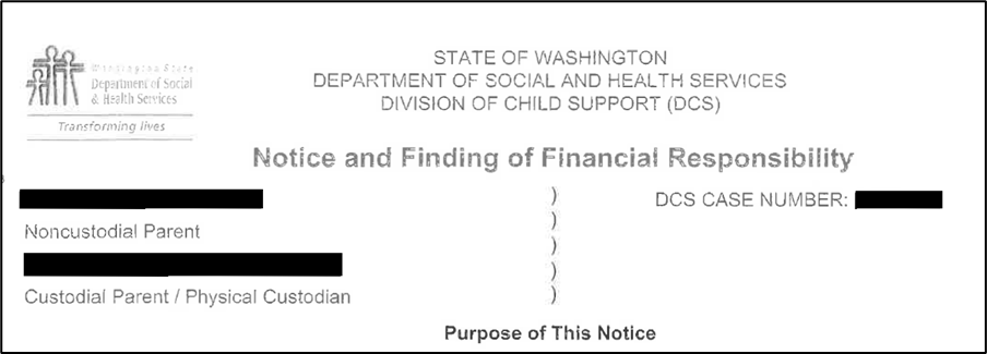 Sample caption of the Notice and Finding of Financial Responsibility form from DSHS